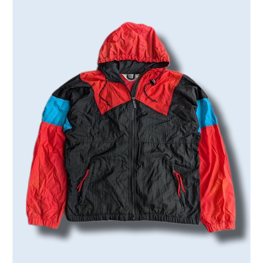 Vintage 80s 90s colorblock windbreaker jacket size M red black blue hooded